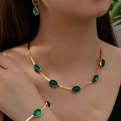 Oval Green Crystal Necklace Set with Bracelet