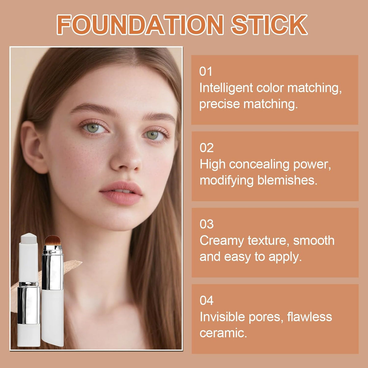 Color Changing Cover Cream Stick - Color-Changing Foundation Full to Medium Coverage with Detachable Brush - Moisturizing Makeup (Natural)
