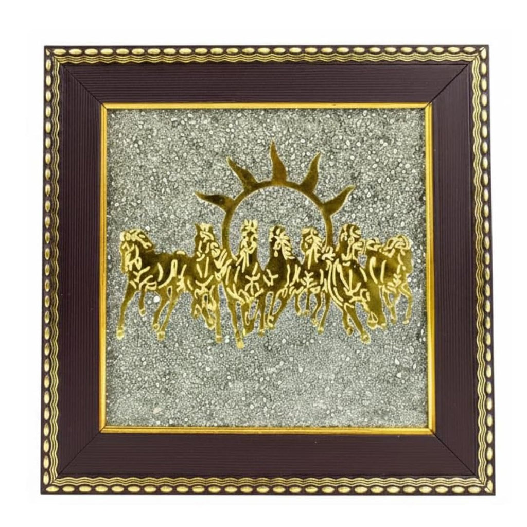 Seven Running Horses Pyrite Frame with Sun to Attract Money, Protection and Chakra Healing