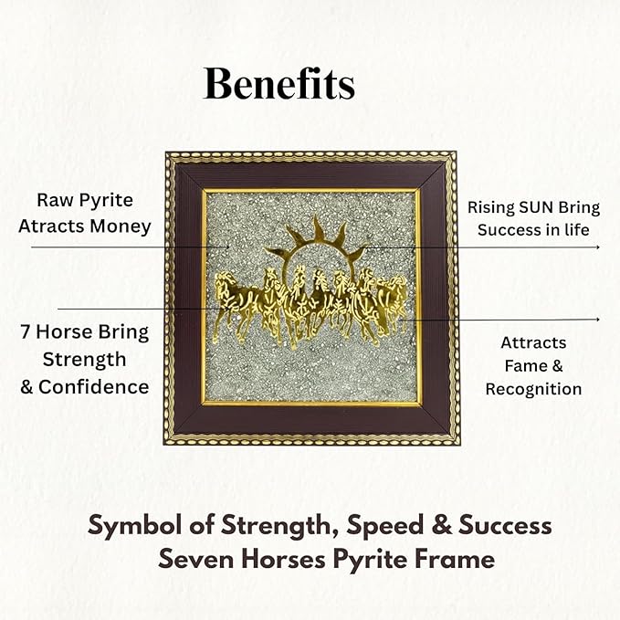 Seven Running Horses Pyrite Frame with Sun to Attract Money, Protection and Chakra Healing