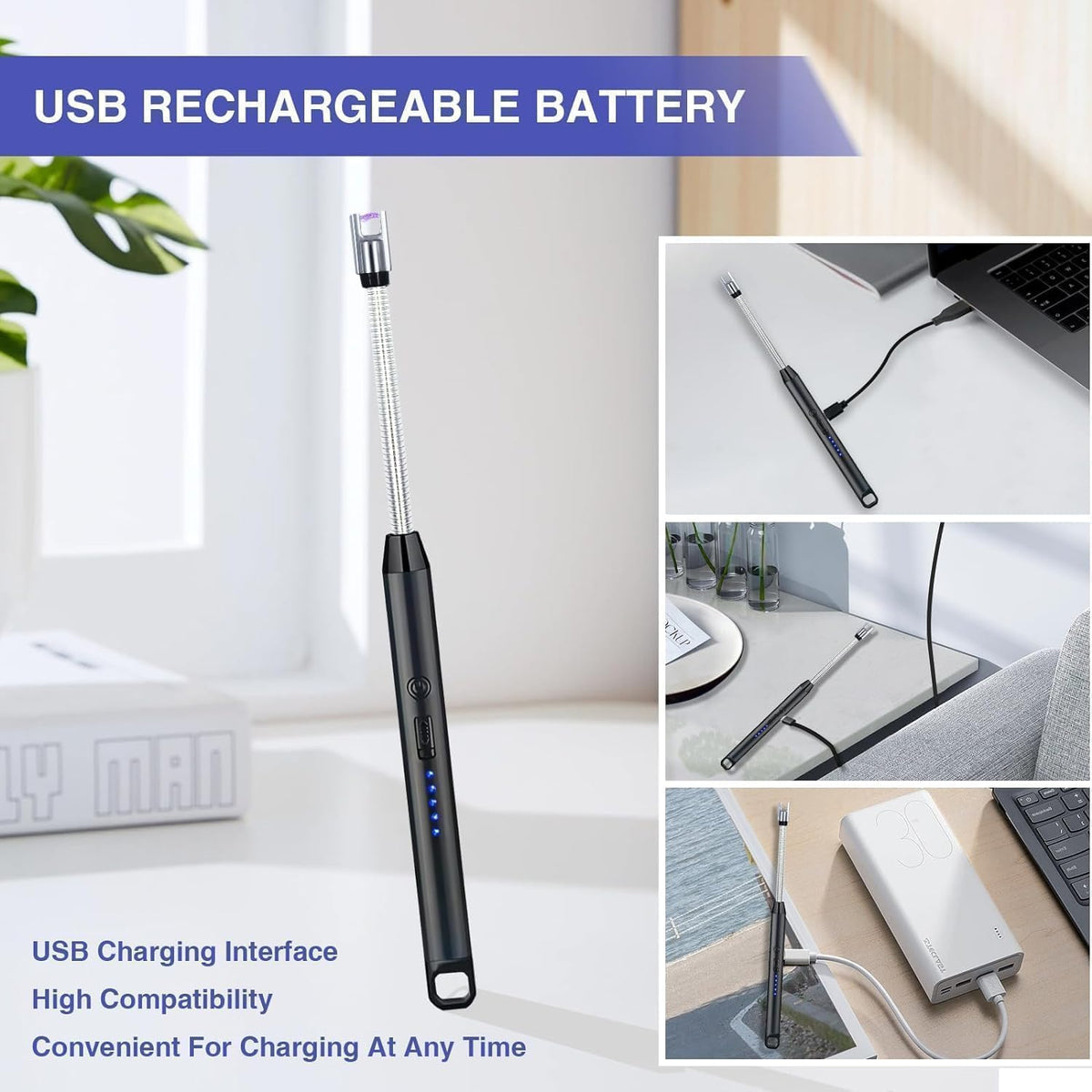 Gas Lighter for Kitchen Use | C-Type Rechargeable Electric Lighter Stove & Candle Lighter with USB Charging Port