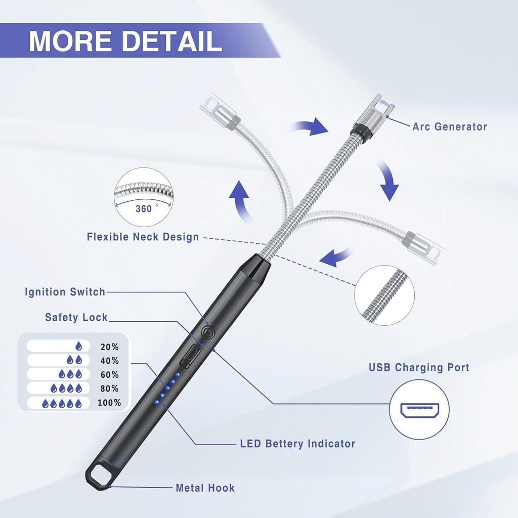 Gas Lighter for Kitchen Use | C-Type Rechargeable Electric Lighter Stove & Candle Lighter with USB Charging Port