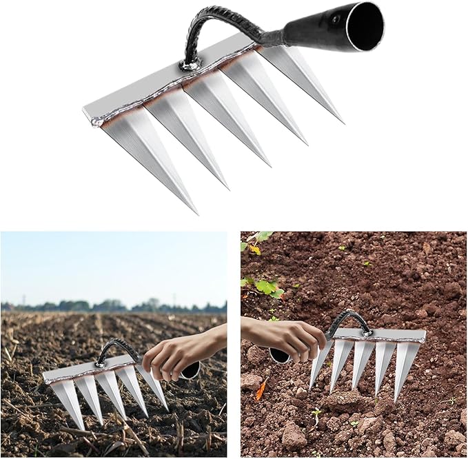 Handheld Garden Rake for Soil Cultivation and Weeding, 5 Tines