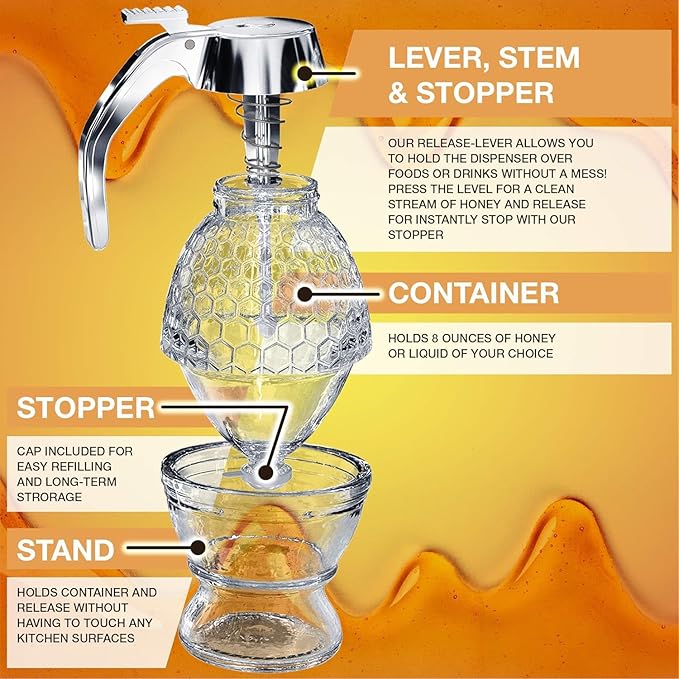 Honey Dispenser - Maple Syrup Dispenser Glass - Beautiful Comb Shaped Honey Pot ,Transparent
