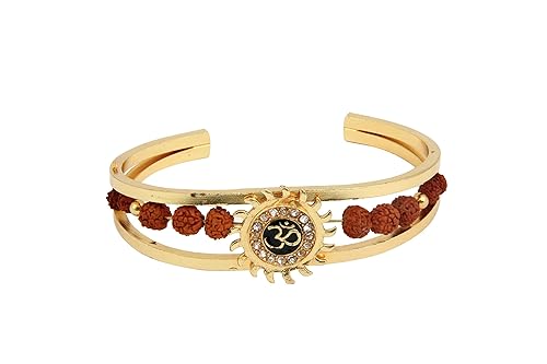 Gold plated Om Sun Rudraksha with Studded Stone Adjustable Kada Bracelets for Men and Women