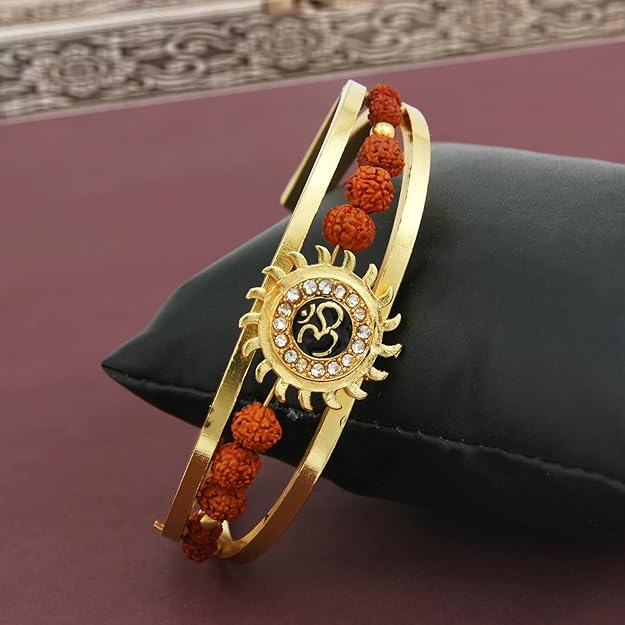 Gold plated Om Sun Rudraksha with Studded Stone Adjustable Kada Bracelets for Men and Women