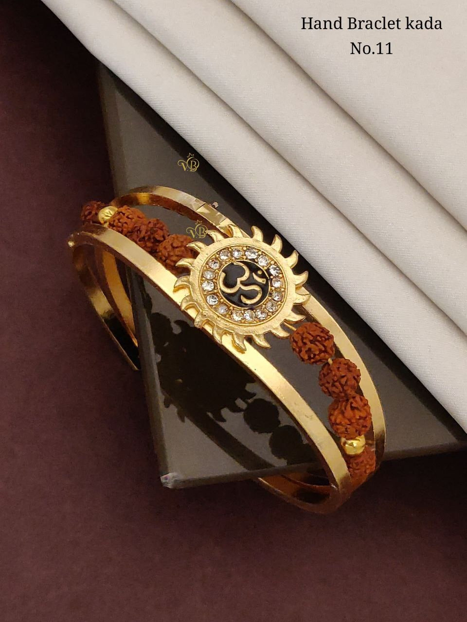 Gold plated Om Sun Rudraksha with Studded Stone Adjustable Kada Bracelets for Men and Women