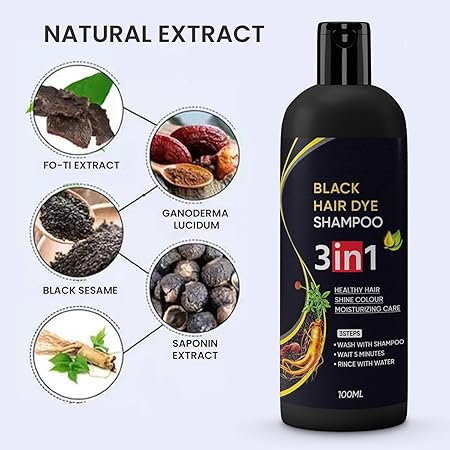 Herbal 3 in 1 Hair Dye Instant Black Hair Shampoo for Women & Men 100 ml