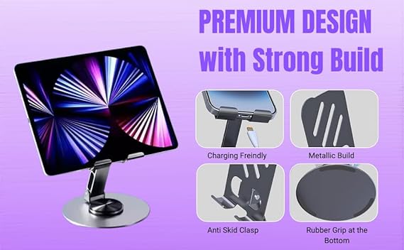 Mobile Stand & Tablet Stand, Aluminium Foldable & 360° Rotatable