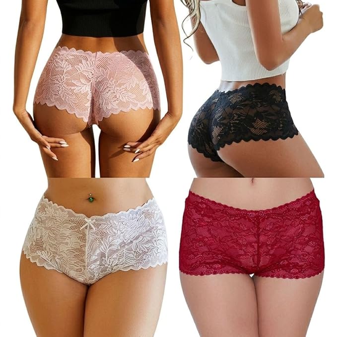 Women's Floral Lace Boyshort NET Panties Free Size Pack of 3