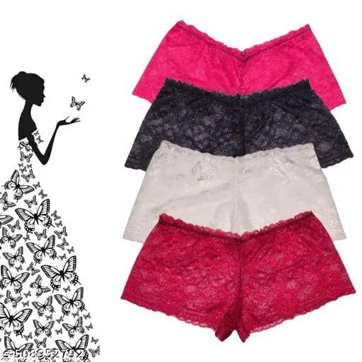 Women's Floral Lace Boyshort NET Panties Free Size Pack of 3