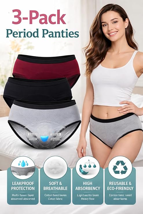 Women’s Period Panties – Leakproof High Absorbency Menstrual Underwear, Soft Cotton Stretch Briefs for Heavy & Light Flow (Combo of 3)(random color)