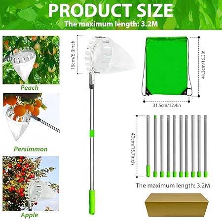 Fruit Plucker with Extendable Alloy Material Telescopic Pole Equipped with Net and Tree Stick Easy to Assemble