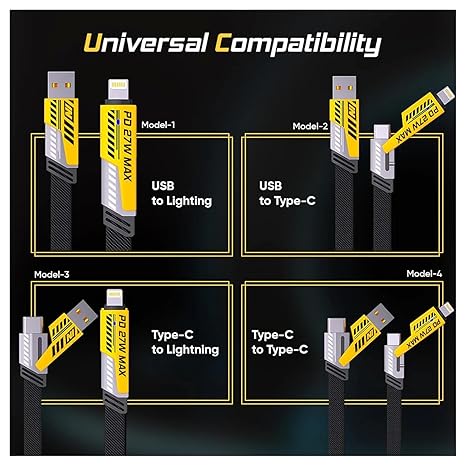 USB C Cable Lightening Cable [65W 4 in 1 Charging Cable, 1 Mtr] Flat Braided USB C Charger Cord with Data Transfer