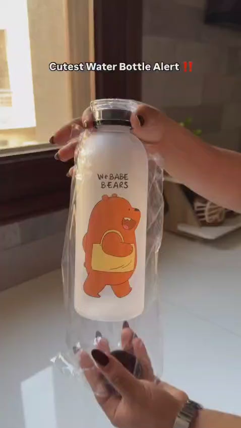 Plastic Cute Bear Straw Water Bottle, 1000 ml, White, Frosted, Portable Sports Bottle for Girls