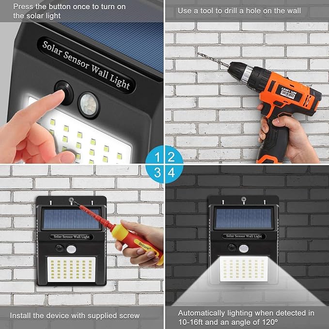 Solar LED Wall Lights Outdoor, Waterproof Wireless Super Bright Security Motion Sensor Light for Garage Yard Patio Garden Pathway