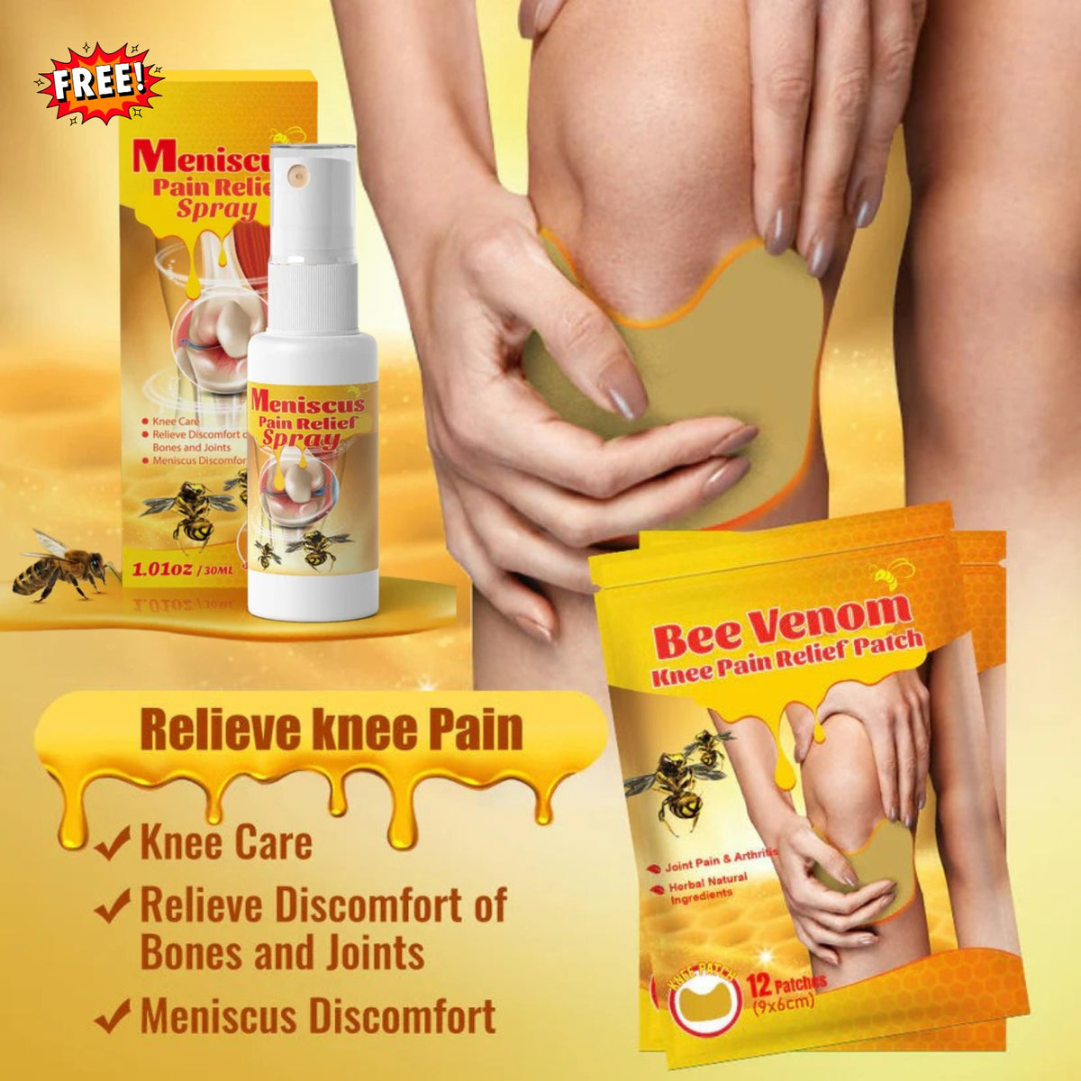 Bee Venom Knee Pain Relief Patch (Buy 1 Get 1 Free)Meniscus Pain Relief Spray Free