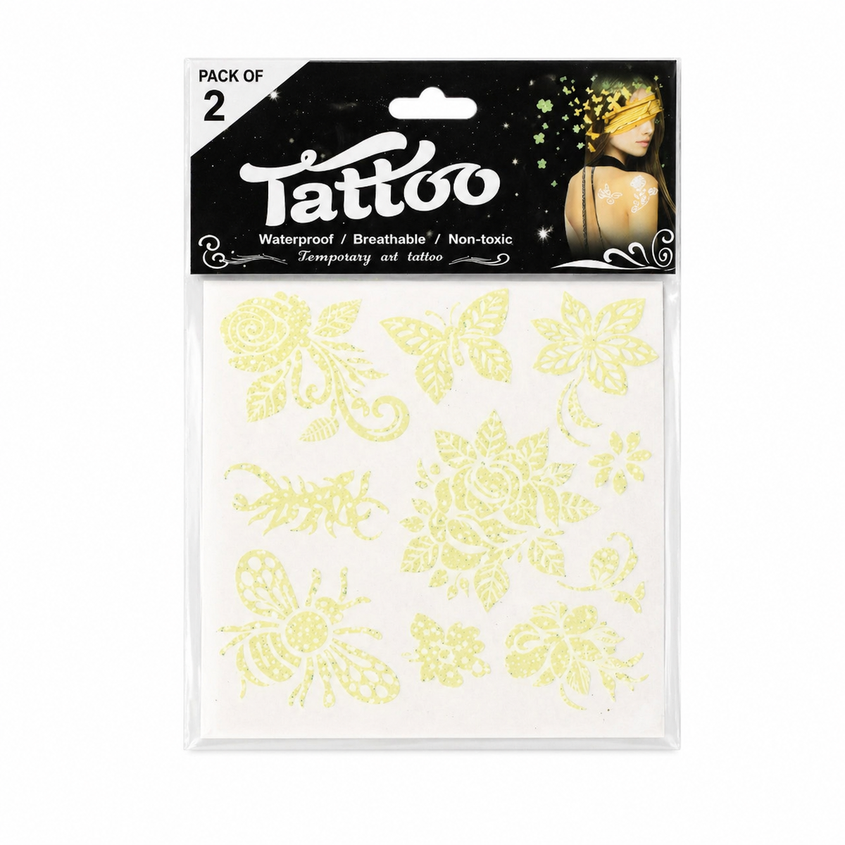 Glow in the Dark Temporary Tattoos for Women & Girls, Waterproof Luminous Tattoo Stickers pack of 2