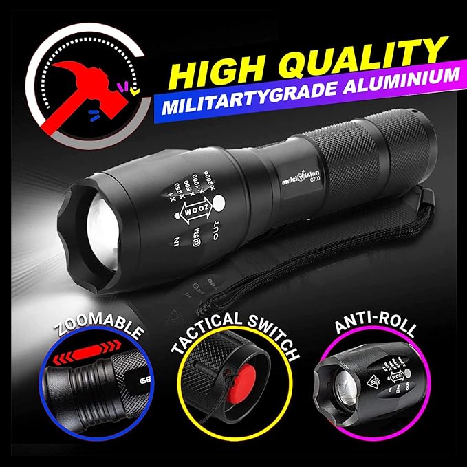 Metal Led Flashlight,Water Resistant Zoomable Torch with 5 Lighting Modes for Camping