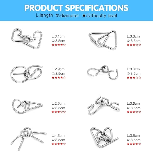 8pcs IQ Test Mind Game Toys Brain Teaser Metal Wire Puzzles Magic Trick Toy