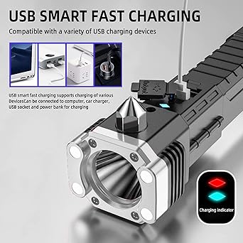 Flashlight,Long Distance Beam Range Car Rescue Torch with Hammer Window Glass and Seat Belt Cutter Built Portable Rechargeable